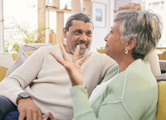 Image showing Love, mature couple and talk on sofa in home for happy chat, care and conversation together with marriage partner. Man, woman and speaking on couch in support, loyalty or communication in living room