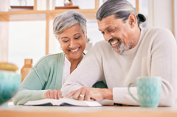 Image showing Reading, book and senior couple smile at home with bible study and religion together in marriage. House, happy and elderly people with worship, learning and christian conversation with love and care