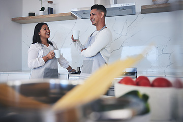 Image showing Kitchen, laughing and home couple with coffee, latte or morning drink mug for wellness, relax and storytelling conversation. Breakfast, chef and funny woman, man or marriage people ready for cooking