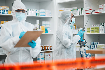 Image showing Pharmacy clipboard, red tape or people spray chemical for protection, cleaning hospital or contamination. Safety policy, storage checklist or emergency compliance team with medicine product sanitizer