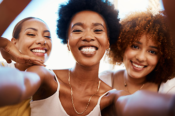 Image showing Happy, friends and selfie of African women together on social media, profile picture and post of summer holiday or vacation. People, smile and portrait with happiness in online blog or memory