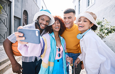 Image showing Friends, selfie and city with smile, gen z and laugh of university students for social media. Profile picture, portrait and diversity of young people on a urban street on vacation with trendy fashion