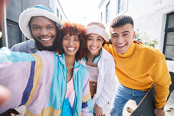 Image showing Friends, selfie and city with happy, gen z and smile of university students for social media. Profile picture, portrait and diversity of young people on a urban street on vacation with trendy fashion