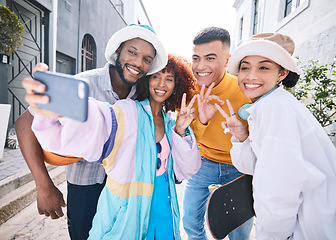 Image showing Friends, selfie and city with peace sign happy, gen z and smile of university students for social media. Profile picture, portrait and diversity of young people on a street on vacation with fashion