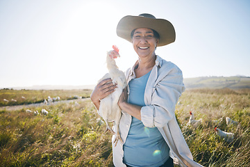 Image showing Agriculture, farm and a woman outdoor with a chicken animal care, development and small business. Farming, sustainability and portrait of a poultry farmer person with organic produce in countryside