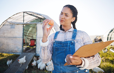 Image showing Farm, thinking and a woman with an egg for inspection and a clipboard for quality control. Chicken farming, sustainability and confused farmer person with organic produce outdoor for agriculture