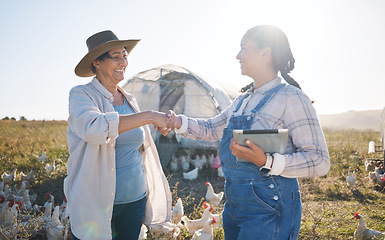 Image showing Chickens, farm and women with handshake, agriculture and agreement with partnership, countryside and cooperation. People, thank you and poultry farmers with tablet, shaking hands and sustainability