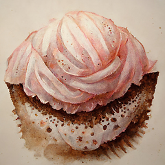 Image showing Pink watercolor cupcake decorated with fruits. Delicious vanilla