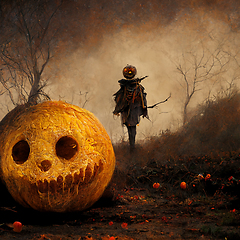 Image showing Pumpkin In Graveyard In The Spooky Night - Halloween Backdrop.