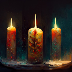 Image showing Three candles with warm atmosphere. Candlelight Christmas card t