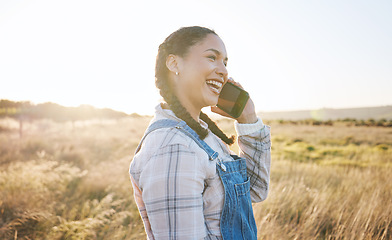 Image showing Happy woman, farm or phone call for talking, speaking or networking with contact in conversation. Smile, farmer or small business owner on mobile communication for agriculture or sustainability ideas