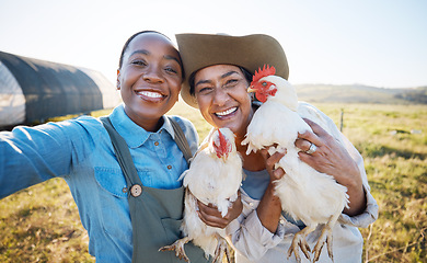 Image showing Smile, selfie or farmers on a chicken farm in countryside on field harvesting livestock in small business. Social media, happy or portrait of women with animal birds to take photo for farming memory