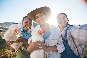 Image showing Happy, selfie or farmers on a chicken farm farm or field harvesting poultry livestock in small business. Social media, smile or portrait of women with animal birds to take photo for farming memory