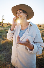 Image showing Woman, farmer and phone call in morning, countryside and person on farm with smile for live stock in nature with connection. Happy, female worker and social network, communication and contact