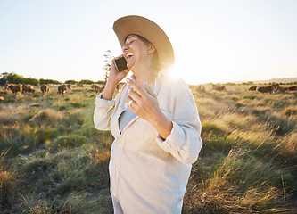 Image showing Cow, farmer and woman with phone call in countryside and person smile in conversation with live stock, cattle and farm in nature. Happy, female worker or social network, connection and communication