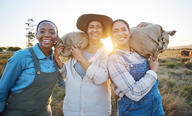 Image showing Agriculture, portrait and woman friends on farm for cattle, livestock or feeding together. Face, happy and lady farmer team smile for industry growth, small business or harvest success in countryside