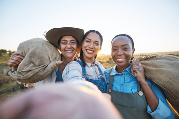 Image showing Selfie, agriculture and woman friends on farm for cattle, livestock or feeding together. Portrait, happy and farmer team smile for profile picture, social media or agro startup or small business blog