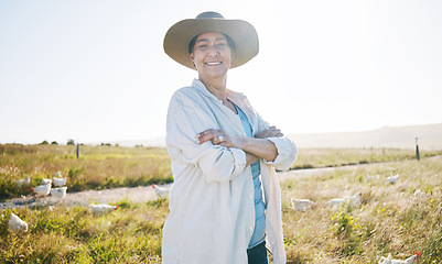 Image showing Farmer, mature woman and agriculture, arms crossed on field and sustainability, land and livestock. Chicken farm, agro business and confidence, countryside and environment with nature and portrait