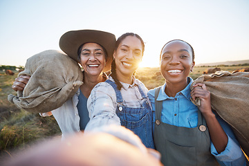 Image showing Agriculture, selfie and woman friends on farm for cattle, livestock or feeding together. Portrait, happy and farmer team smile for profile picture, social media or agro startup or small business blog