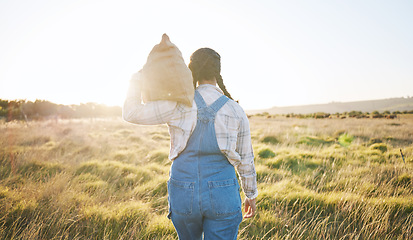 Image showing Walking, sack or farmer farming on grass field harvesting production in small business to trade. Back, supply chain or person working with bag for sustainability or agro development in countryside