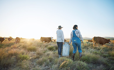 Image showing Walking, teamwork or farmers farming cows on field harvesting poultry livestock in small business. Dairy production, collaboration or women carrying tank for animal sustainability or cattle in nature