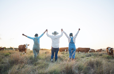 Image showing Farm, celebration and women back holding hands for success, happy or excited for cattle industry, growth or development Farmer, friends and rear view of farming team celebrate agriculture achievement