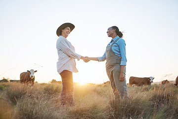 Image showing Farm, handshake and women with b2b sale, deal or agreement for small business partnership. Agro, thank you and farmer people shaking hands for farming, collaboration and cattle supply chain support