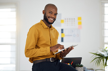 Image showing Portrait of black man at desk with smile, tablet and research for business website, online report and social media. Internet, digital app and businessman in office with web schedule and confidence.