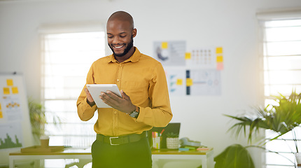 Image showing Black man in office with smile, tablet and email research for business website, online report or social media. Internet, digital app and businessman in workplace with web schedule and confidence.