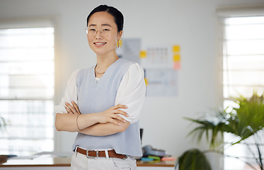 Image showing Asian architect, woman and portrait with arms crossed in Singapore, office or workplace for planning a project in startup. Happy, employee and face of person working in architecture with confidence