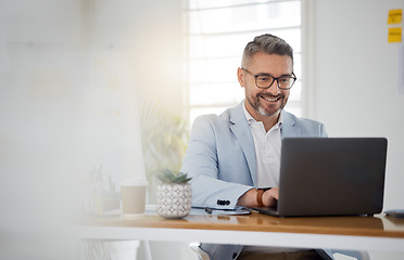 Image showing Happy business man typing on laptop for email update, online project and reading digital report with mockup space. Mature manager, entrepreneur and working on computer for research, planning and info