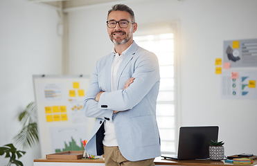 Image showing Entrepreneur, mature man and portrait with arms crossed in London, office or workplace for planning a project in startup. Happy, employee and face of businessman working or confidence of business ceo