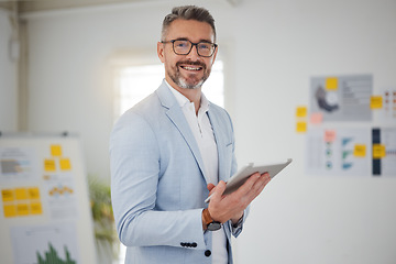 Image showing Portrait of mature man in office with tablet, smile and research for business website, online report or social media. Internet, digital app and businessman with workshop, web schedule and confidence.