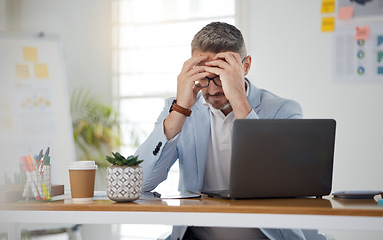 Image showing Laptop, headache and stress with a business man in the office for deadline management as a professional boss. Computer, anxiety and burnout with a corporate employee under pressure in the workplace