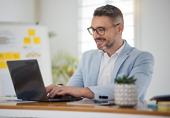 Image showing Business man, smile and typing on laptop for network update, online insight and review digital report. Happy mature manager, entrepreneur and working on computer for research, planning admin and info