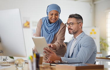 Image showing Teamwork, mentor and tablet with business people in office for support, diversity and meeting. Digital, brainstorming and idea with employees in creative agency for website, designer and solution