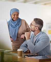 Image showing Training, question and computer with business people in office for creative, diversity and coaching. Teamwork, collaboration and feedback with employees in agency for website, mentor and designer