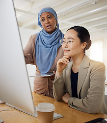 Image showing Training, mentor and computer with business people in office for thinking, diversity and coaching. Teamwork, collaboration and feedback with employees in digital agency for website, help and designer