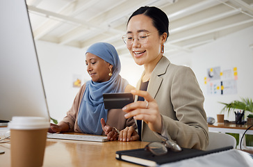 Image showing Banking, credit card and woman at customer service desk for online shopping for advice from a consultant. Muslim, asian and professional consulting a customer on rewards purchase on business website