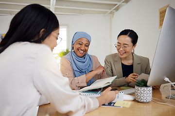 Image showing Meeting, business people and Muslim woman with team planning and data in work discussion. Office, communication and working employees group with talk and branding management review at a company