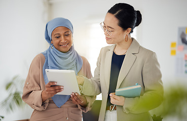 Image showing Teamwork, idea and tablet with business people in office for support, diversity and meeting. Digital, brainstorming and idea with employees in creative agency for website, designer and solution