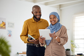 Image showing Business people, tablet and teamwork or planning for marketing, website design and management in office. African man and woman on digital technology for online news, startup and project collaboration