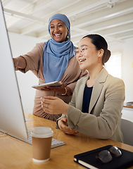Image showing Computer, business women and Muslim mentor with feedback and website support in work discussion. Office, communication and email marketing help with employee training and management at a SEO company