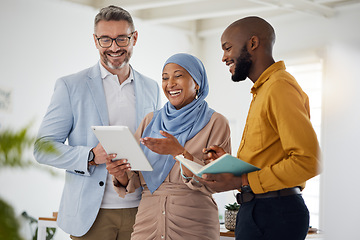 Image showing Research, planning and tablet with business people in office for teamwork, diversity and meeting. Digital, brainstorming and idea with employees in creative agency for website, designer and solution