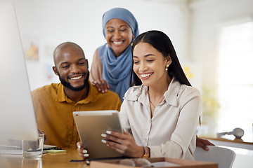 Image showing Diversity, planning and tablet with business people in office for support, teamwork and meeting. Digital, brainstorming and idea with employees in creative agency for website, designer and solution