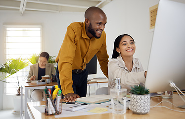 Image showing Training, consulting and computer with business people in office for creative, planning and coaching. Teamwork, collaboration and feedback with employees in digital agency for website and designer