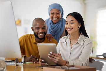 Image showing Happy creative people, tablet and meeting in teamwork, online collaboration or research at office. Group of employees smile on technology in communication or networking for startup at the workplace