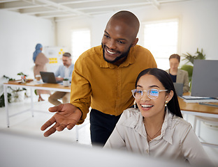 Image showing Training, teamwork and computer with business people in office for creative, planning and coaching. Consulting, collaboration and feedback with employees in digital agency for website and designer