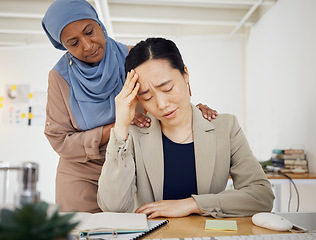 Image showing Stress, depression and a business woman with empathy, support and help in office. Burnout, fired and entrepreneur person with headache, bad news or fatigue with hand of muslim friend on shoulder