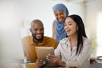 Image showing Teamwork, laughing and tablet with business people in office for support, diversity and meeting. Digital, brainstorming and idea with employees in creative agency for website, designer and solution